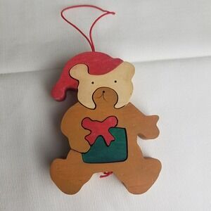 Dept 56 Watkins Teddy Bear Wood Puzzle Christmas Ornament Santa red green